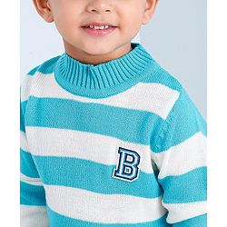 Babyhug Full Sleeves Knit Striped Pullover Text Patch - Aqua Blue