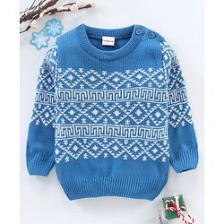 Babyhug Full Sleeves Knit Jacquard Sweater - Blue