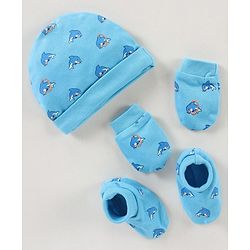 Babyhug 100% Cotton Cap Mitten & Booties Set Dolphin Print Blue - Diameter 12 cm