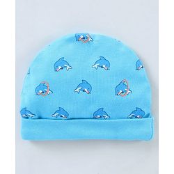 Babyhug 100% Cotton Cap Mitten & Booties Set Dolphin Print Blue - Diameter 12 cm