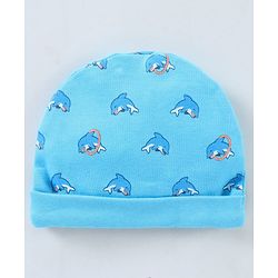 Babyhug 100% Cotton Cap Mitten & Booties Set Dolphin Print Blue - Diameter 12 cm