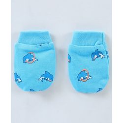 Babyhug 100% Cotton Cap Mitten & Booties Set Dolphin Print Blue - Diameter 12 cm