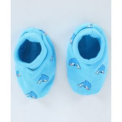 Babyhug 100% Cotton Cap Mitten & Booties Set Dolphin Print Blue - Diameter 12 cm