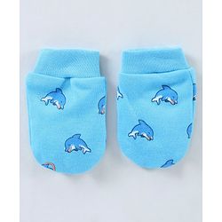 Babyhug 100% Cotton Cap Mitten & Booties Set Dolphin Print Blue - Diameter 12 cm