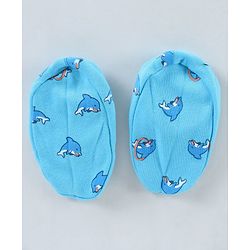 Babyhug 100% Cotton Cap Mitten & Booties Set Dolphin Print Blue - Diameter 12 cm