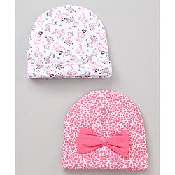 Babyhug 100 % Cotton Caps Printed Pack Of 2 White Pink - Diameter 10.5 cm