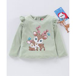 Babyhug Full Sleeves Tee with Graphics And Frill Detailing - Olive Green