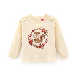 Babyhug Cotton Full Sleeves Frill Detailing T-Shirt Squirrel Print - Cream