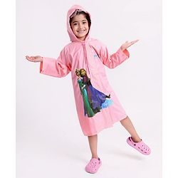 Babyhug PVC Full Sleeves Hooded Raincoat Disney Frozen Print - Pink