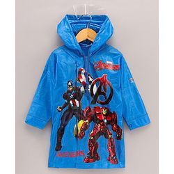 Babyhug Full Sleeves Hooded Raincoat Marvel Avengers Print - Blue