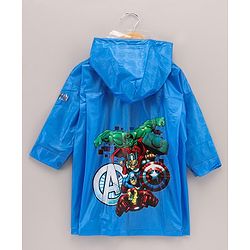 Babyhug Full Sleeves Hooded Raincoat Marvel Avengers Print - Blue