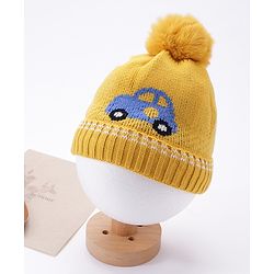 Babyhug Woollen Cap Car Print Yellow - Diameter 11 cm