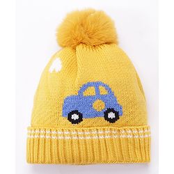 Babyhug Woollen Cap Car Print Yellow - Diameter 11 cm