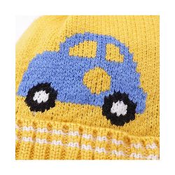 Babyhug Woollen Cap Car Print Yellow - Diameter 11 cm