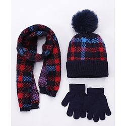 Babyhug Woollen Cap Gloves With Muffler Multicolour - Cap Diameter 8.5 cm