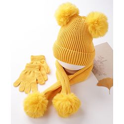 Babyhug Woollen Cap Gloves With Muffler - Yellow