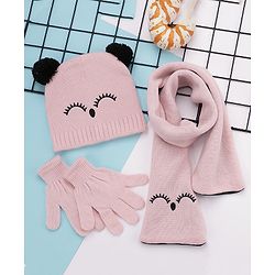 Babyhug Woollen Cap Gloves With Muffler Eye Print Pink - Cap Diameter 11 cm