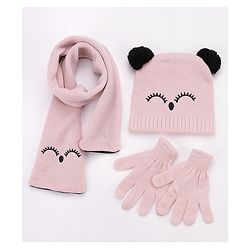 Babyhug Woollen Cap Gloves With Muffler Eye Print Pink - Cap Diameter 11 cm