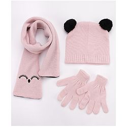 Babyhug Woollen Cap Gloves With Muffler Eye Print Pink - Cap Diameter 11 cm