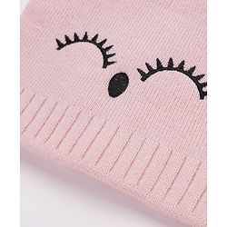 Babyhug Woollen Cap Gloves With Muffler Eye Print Pink - Cap Diameter 11 cm