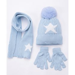 Babyhug Woollen Cap Gloves With Muffler Star Print Blue - Cap Diameter 10 cm