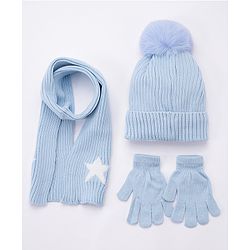 Babyhug Woollen Cap Gloves With Muffler Star Print Blue - Cap Diameter 10 cm
