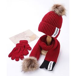 Babyhug Woollen Cap Gloves With Muffler Solid Red - Cap Diameter 10.5 cm