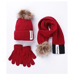 Babyhug Woollen Cap Gloves With Muffler Solid Red - Cap Diameter 10.5 cm