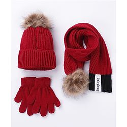 Babyhug Woollen Cap Gloves With Muffler Solid Red - Cap Diameter 10.5 cm