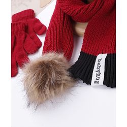 Babyhug Woollen Cap Gloves With Muffler Solid Red - Cap Diameter 10.5 cm