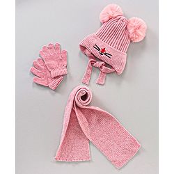Babyhug Cotton Woollen Cap Muffler and Gloves Set Pink - Circumference 21 cm
