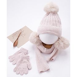 Babyhug Woollen Cap Muffler & Hand Gloves Off White - Diameter 12 cm