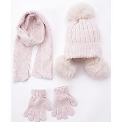 Babyhug Woollen Cap Muffler & Hand Gloves Off White - Diameter 12 cm