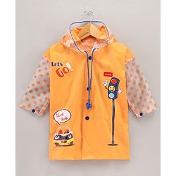 Babyhug Full Sleeves Hooded Raincoat Car Print - Orange