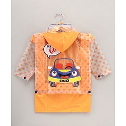 Babyhug Full Sleeves Hooded Raincoat Car Print - Orange