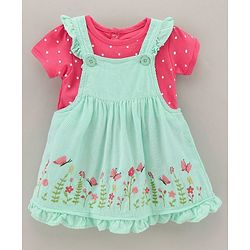 Babyhug 100% Cotton Frock with  Half Sleeves Inner Tee Floral Embroidery - Aqua Blue