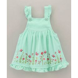 Babyhug 100% Cotton Frock with  Half Sleeves Inner Tee Floral Embroidery - Aqua Blue