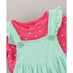 Babyhug 100% Cotton Frock with  Half Sleeves Inner Tee Floral Embroidery - Aqua Blue