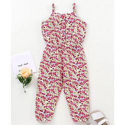 Babyhug 100% Cotton Singlet Sleeves Jumpsuit Floral Print - Pink