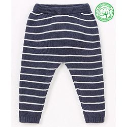 Babyhug 100% Organic Cotton Full Length Striped Fleece Pant - Navy
