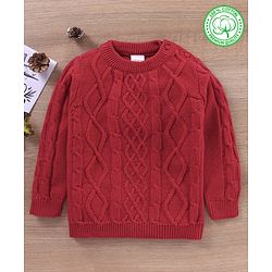 Babyhug 100% Organic Cotton Full Sleeves Cable Knit Sweater- Red