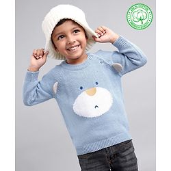 Babyhug 100% Organic Cotton Knit Full Sleeves Sweater Animal Face Design With Ear Applique- Blue