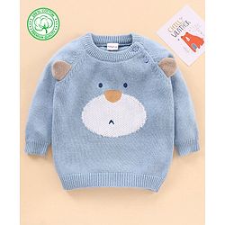 Babyhug 100% Organic Cotton Knit Full Sleeves Sweater Animal Face Design With Ear Applique- Blue