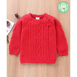 Babyhug 100% Organic Cotton Full Sleeves Cable Knit Sweater - Red