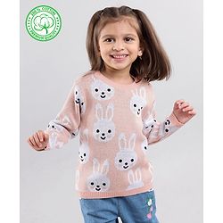 Babyhug 100% Organic Cotton Full Sleeves Pullover Sweater Bunny Design - Pink