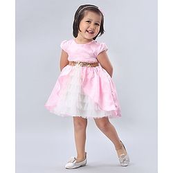 Babyhug Cap Sleeves Soft Satin and Mesh Party Wear Frock - Baby Pink