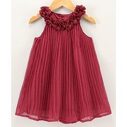 Babyhug Sleeveless Pleated Party Wear Frock with Corsage - Red