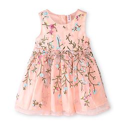 Babyhug Sleeveless Floral Embroidery Party Frock - Peach