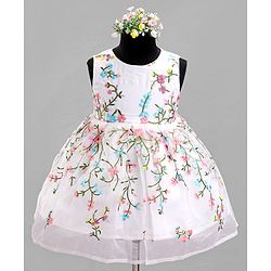 Babyhug Sleeveless Floral Embroidered Party Frock - Offwhite