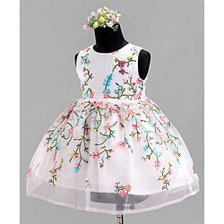 Babyhug Sleeveless Floral Embroidered Party Frock - Offwhite